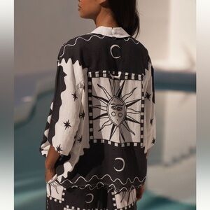 Tigre indigo linen rolled sleeved button down shirt Anthropologie blouse top